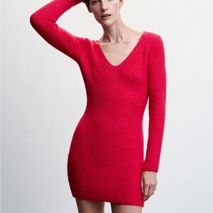 Mango Fuchsia Pink Knit Sweater Dress with Long Sleeves Size M